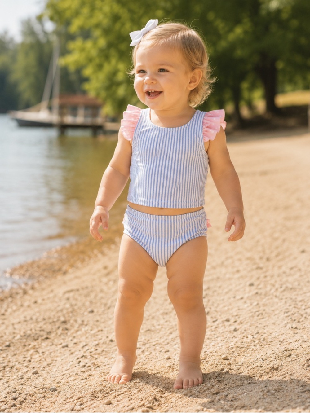 RuffleButts Blue Seersucker Two-Piece Swimsuit with Pink Polka Dot Ruffles